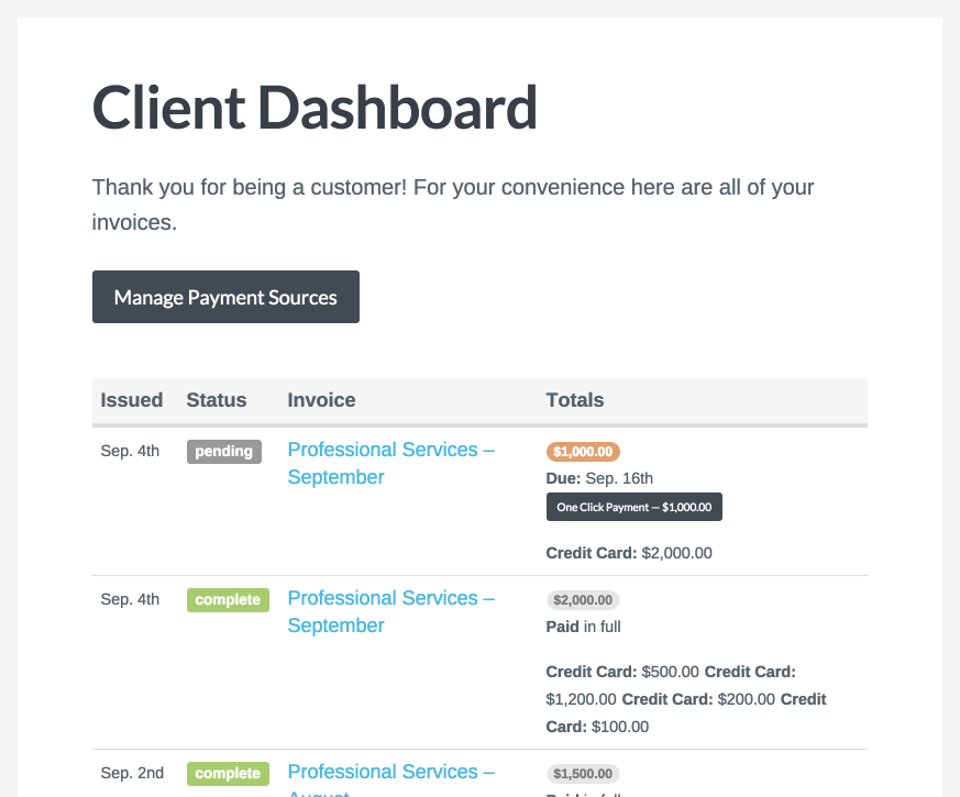 client dashboard payments