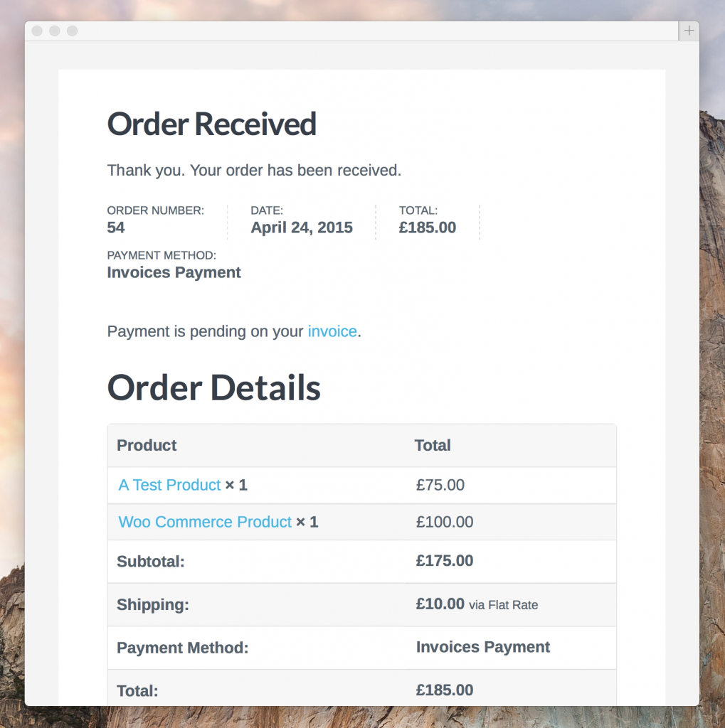 WooCommerce Invoicing Integration order confirmation